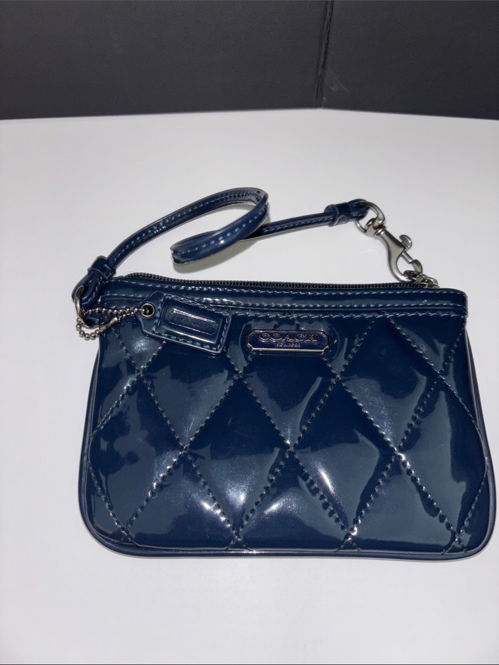 Coach Quilted Patent Leather Wristlet in Navy Blue